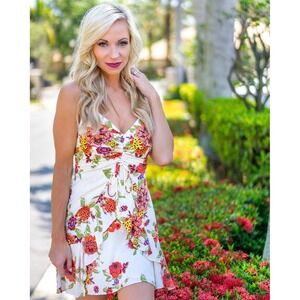 Free People Happy Heart Floral Ruched Mini Dress Ruffle Hem Size L